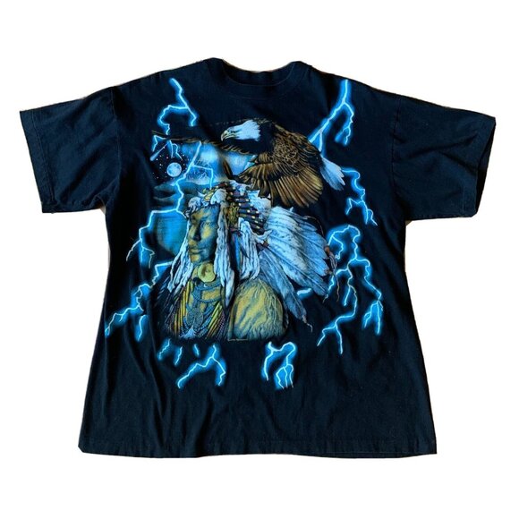 Vtg 1990s American Indian Thunder Print Lightning Thrashing Shirt T-Shirt Top - Picture 1 of 13